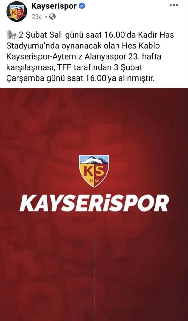 Hes Kablo Kayserispor – Aytemiz Alanyaspor Çarşamba gününe alındı