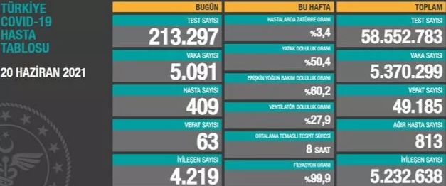 20 Haziran KORONAVİRÜS TABLOSU