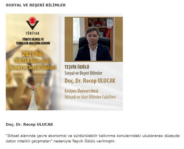 ERÜ’lü Doç. Dr. Recep Ulucak’a, TÜBİTAK’tan Teşvik Ödülü