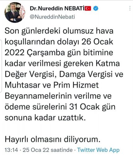 Olumsuz hava koşulları sebebiyle vergi ödeme ve beyanname  verme süreleri uzatıldı
