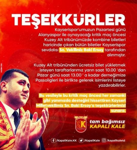 MHP Milletvekili Baki Ersoy’dan Kayserisporlulara bilet jesti