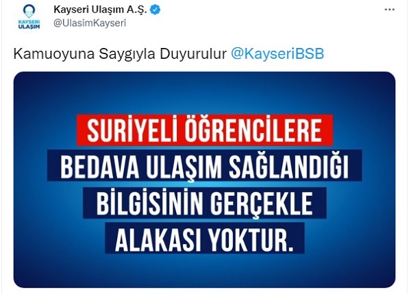 “SURİYELİ ÖĞRENCİLER ÜCRETSİZ TAŞINIYOR” İDDİASINA YALANLAMA