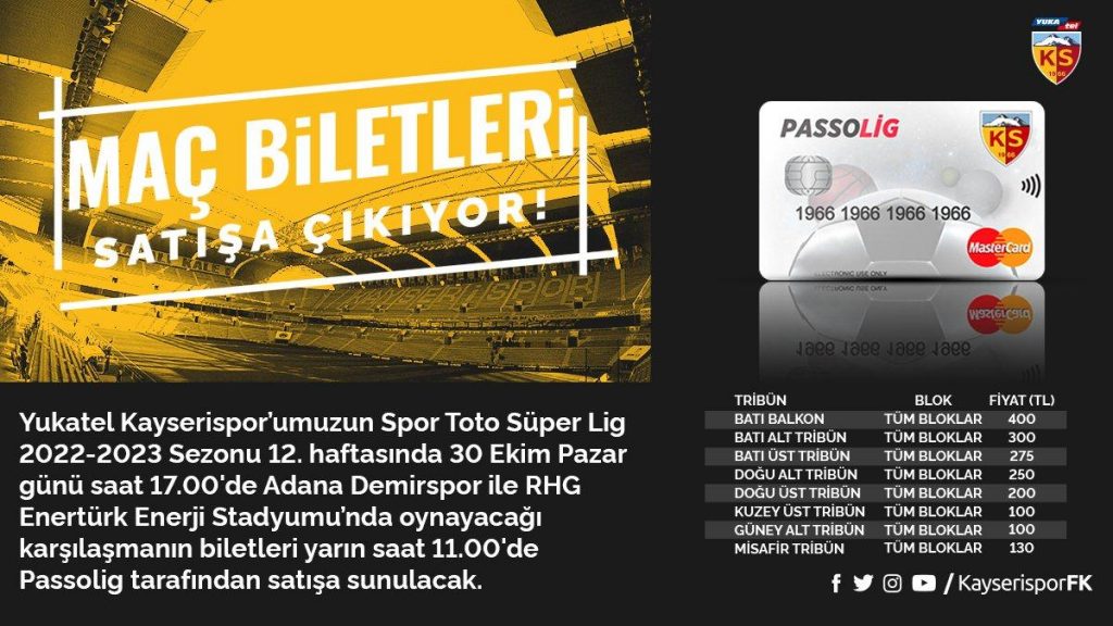 Kayserispor – Adana Demirspor maç biletleri bugün satışa çıkacak