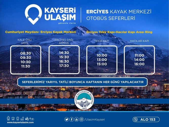 Erciyes’e, yarıyıl tatili süresince her gün otobüs seferi düzenlenecek