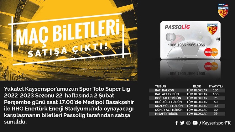 Kayserispor – Başakşehir maçının biletleri satışa çıktı