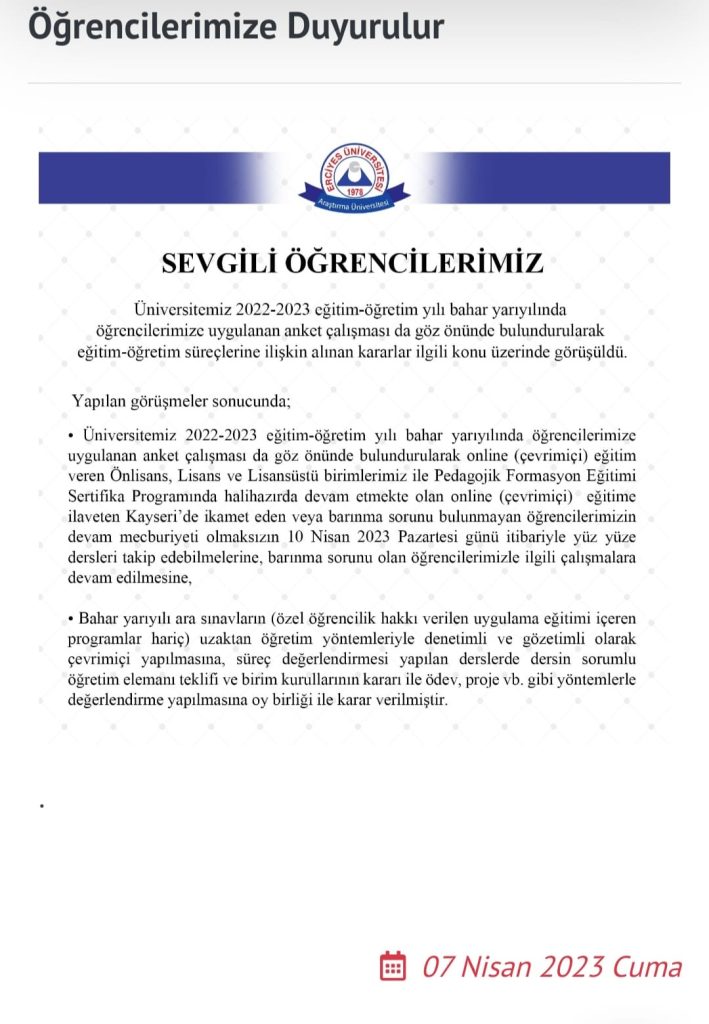 ERÜ’den, ‘hibrit eğitim’ açıklaması