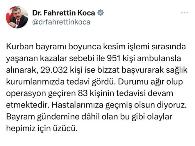 Bakan Koca: “Kurban Bayramı’nda ağır yaralanan 83 kişi tedavi altında”