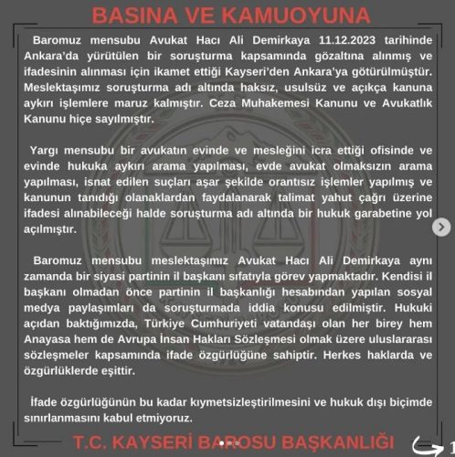 Kayseri Barosundan başkan Demirkaya için basın açıklaması