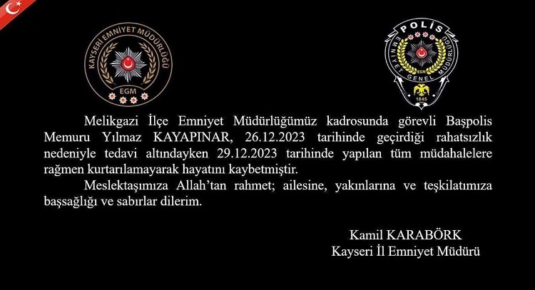 Başpolis memuru Kayapınar hayatını kaybetti