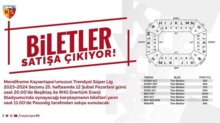 Kayserispor – Beşiktaş maçının biletleri  satışa çıktı