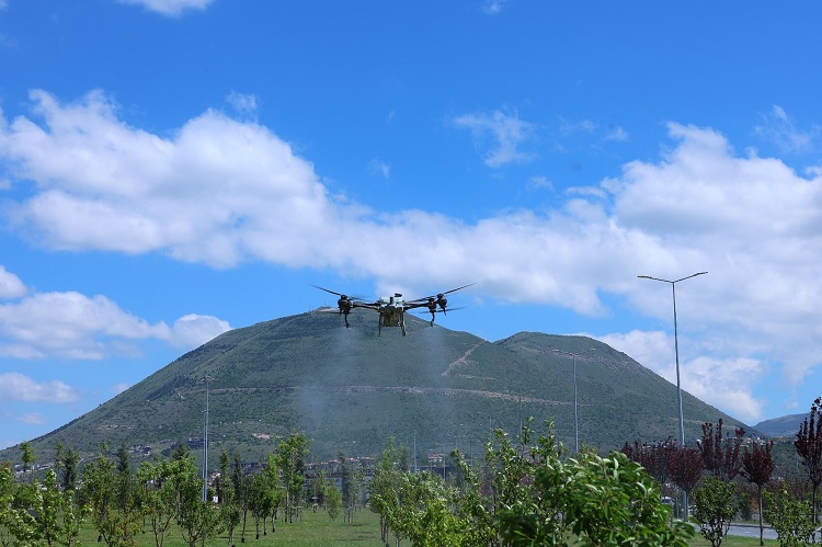 Yeşil alanlar drone ile ilaçlanıyor